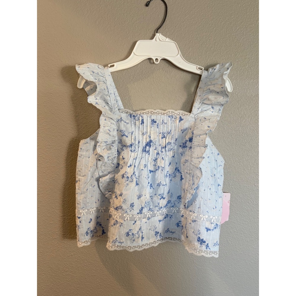 LoveShackFancy for Target Girls Blue Floral Ruffle Lace Trim Top Size 16 NWT